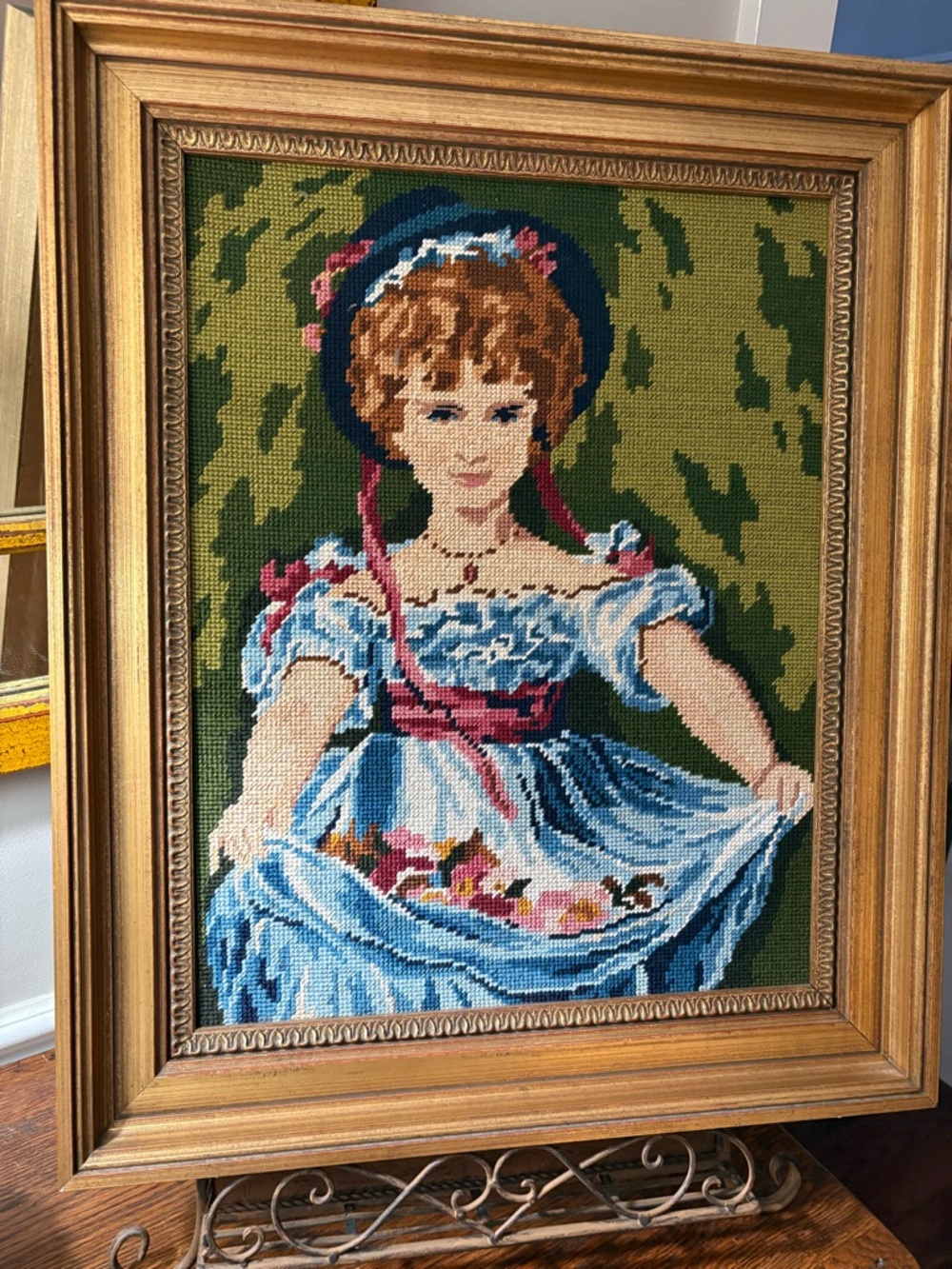 Framed Blue and Green Needlepoint Girl Wall Art